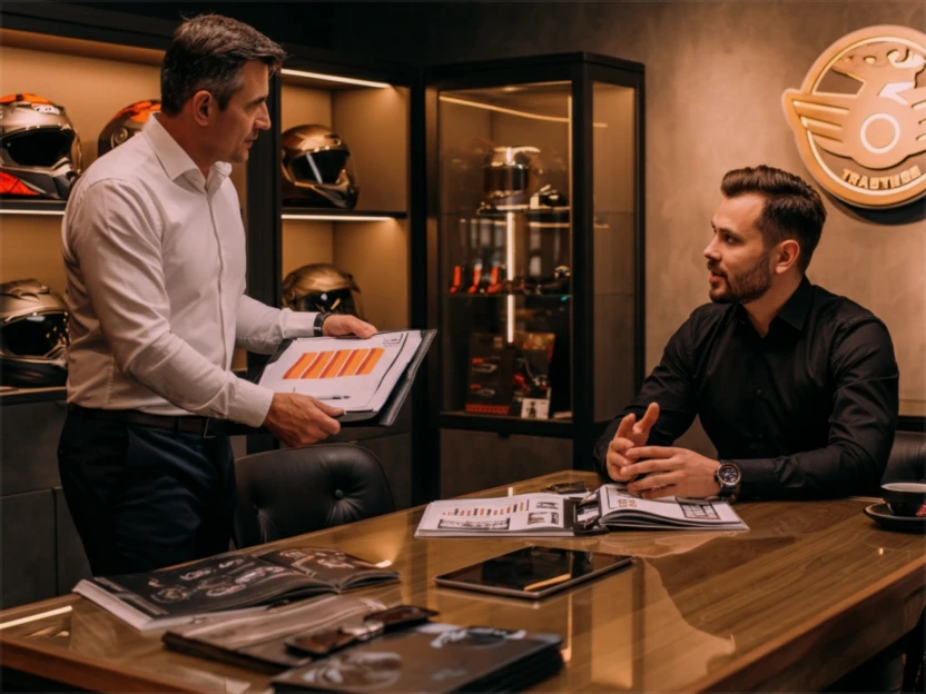 Dois homens discutindo gráficos e documentos em uma sala de reuniões com capacetes de motocicleta expostos ao fundo.
