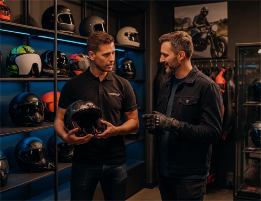 Dois homens conversando em uma loja de capacetes de moto, um segurando um capacete preto brilhante e outro vestindo luvas de motociclista.