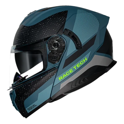 Capacete de motocicleta azul e preto com detalhes em verde e texto 'RACE TECH' na lateral.