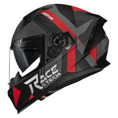 Capacete de motocicleta preto com detalhes em vermelho e cinza, com as inscrições 'RACE III TECH' e 'BEST MX'.