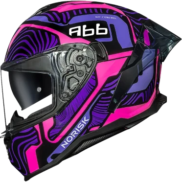 Capacete de motocicleta com design moderno em rosa, roxo e preto, com viseira transparente.